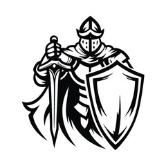 Isolated Knight Holding Sword and Shield in Black and White Silhouette Style Art