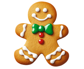 gingerbread man with a smile and a red bow tie