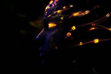 A profile view of an AI head with glowing data connections