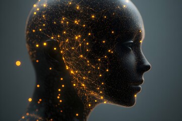 A profile view of an AI head with glowing data connections