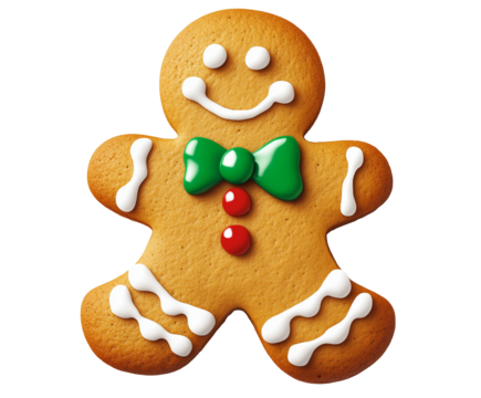 gingerbread man with a smile and a red bow tie - Powered by Adobe