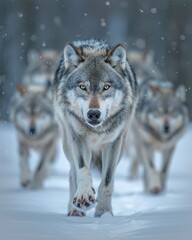 Naklejka premium A pack of wolves confidently strides through a snowy forest, showcasing their strength and unity