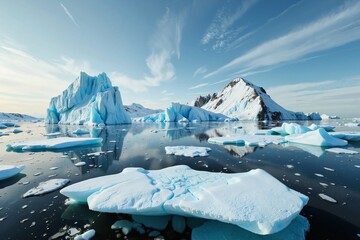 A serene scene of floating icebergs and chunks of ice in a calm sea, with a mountainous backdrop under a clear blue sky