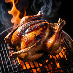 
A whole chicken (ayam bakar utuh) being grilled over glowing red charcoal, no open flame. The chicken is generously coated in thick, glossy sweet soy sauce (bumbu kecap) that melts and caramelizes
