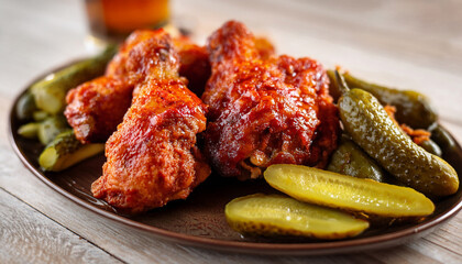 A Detailed View of Spicy Fried Chicken and Pickles with a Side Dish in the Background
