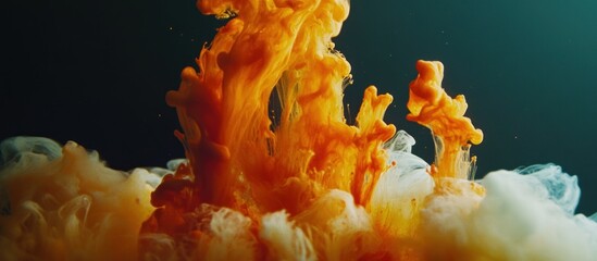 abstract underwater explosion of vibrant orange and white ink spreading in water against a dark serene background for artistic concept