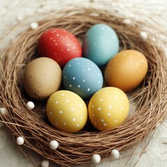 A nest filled with colorful eggs and pearls, celebrating the spirit of Easter.