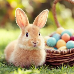 A cute rabbit beside a colorful basket filled with Easter eggs.