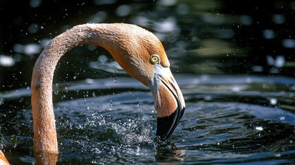 A flamingo lowering its curved beak to sip from a lake.