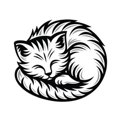 Minimalist Black and White Drawing of a Sleeping Cat Curled Up on a White Background