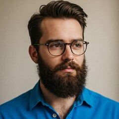 Obraz premium Stylish man with beard and glasses posing in blue shirt against neutral background 