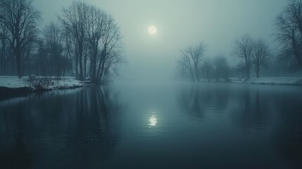 Serene Night at the Lake: A Mystical Moonlit Scene