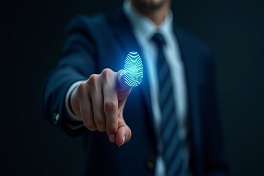 Businessman's finger touch pushes a virtual button on the digital screen, a gesture symbolizing business success