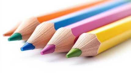 A vibrant arrangement of colored pencils showcases a spectrum of hues, highlighting their sharpened tips against a clean, white background.