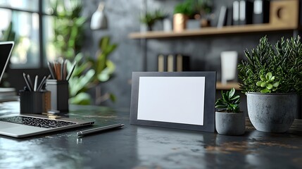 A blank notecard rests on a modern desk with a laptop and plants  long title A simple yet stylish desk setup featuring a blank white notecard a