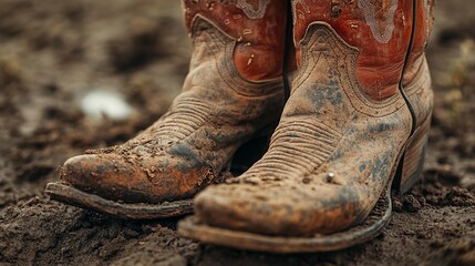 Close-up of muddy, worn cowboy boots in dirt.
