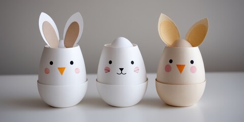 Three painted eggs with faces sit atop a table, showcasing festive Easter creativity.