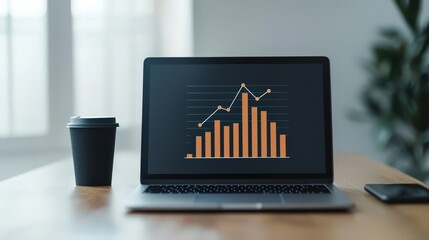 A sleek laptop displaying a bar graph on a wooden table next to a coffee cup, suggesting productivity and data analysis in a modern workspace.