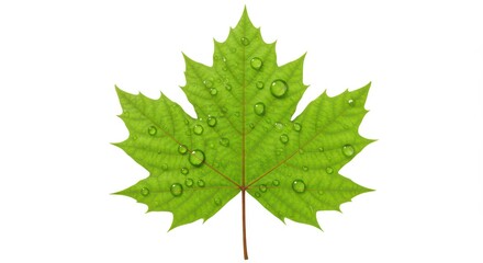 Fresh Green Maple Leaf with Water Droplets on White Background