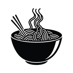 Steaming Noodles In Bowl With Chopsticks Monochrome Asian Food Vector Illustration