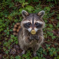 Obraz premium Curious raccoon holding a snack amidst lush green foliage in a serene forest setting