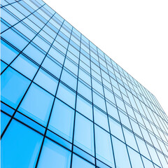 Fototapeta premium modern glass building with reflective windows creates sleek and contemporary architectural design, showcasing clear blue sky. structure geometric lines add to its elegance