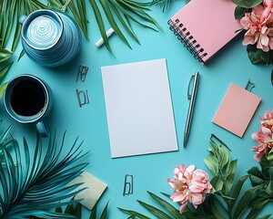 Blank card surrounded by office supplies in a vibrant workspace