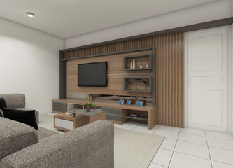 3D rendering of a wooden TV unit featuring a panel, storage drawers, and display shelves for a living room interior.