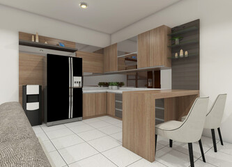 3D design of a minimalist kitchen and bar area including refrigerator and drink storage.