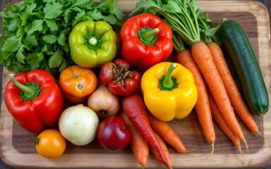 A vibrant array of fresh vegetables including peppers, carrots, tomatoes, and herbs on a wooden cutting board