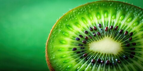 A vibrant close-up showcasing the intricate details of a juicy kiwi fruit slice, revealing its radiant green flesh and tiny dark seeds against a smooth backdrop.