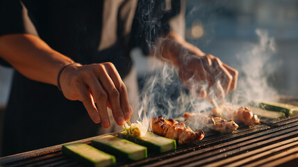 Fototapeta premium Delicious grilled chicken and zucchini skewers being prepared on a hot barbecue grill outdoors