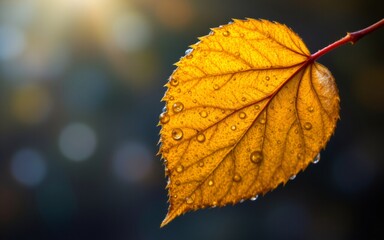 Obraz premium A close-up of a golden leaf adorned with water droplets, showcasing intricate texture and vibrant color