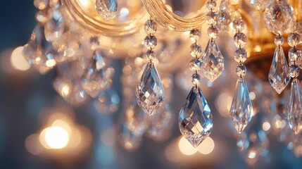Close-up of sparkling crystal chandelier pendants, glowing softly.
