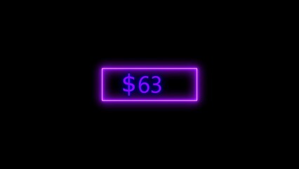 Dollar icon neon bright from $63 purple color illustration. Black background circle purple color frem 4k illustration.