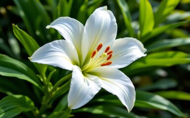 A close-up view of a white lily flower showcasing its delicate petals and vibrant orange stamen