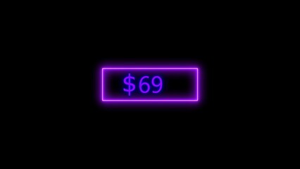 Dollar icon neon bright from $69 purple color illustration. Black background circle purple color frem 4k illustration.