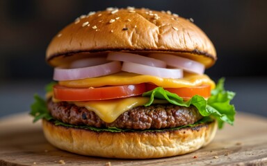 A deliciously stacked hamburger featuring fresh vegetables, melted cheese, and a perfectly grilled patty