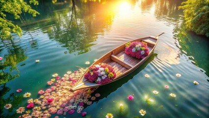 Fototapeta premium Serene Sunrise A Wooden Rowboat Adorned with Vibrant Floral Arrangements Gently Floats on a Calm, Flower-Strewn Pond