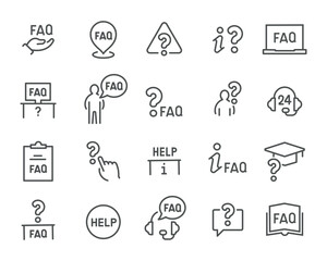 Vector Editable FAQ Support Icons Linear Hand, Marker, Question, Screen, Person, Click, Help, Book. Ready for Web