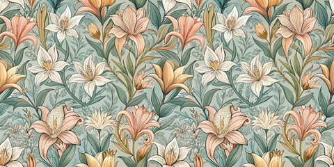 Colorful floral pattern featuring intricate lilies and delicate blooms.