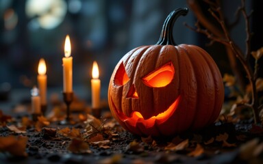 A carved pumpkin glows ominously among fallen leaves and flickering candles, creating a festive autumn atmosphere
