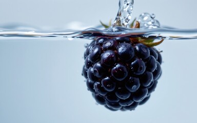 A blackberry submerged in water, showcasing bubbles and a clear background
