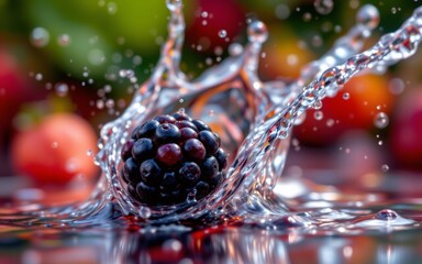 A blackberry splashes dramatically into clear water, creating dynamic droplets and ripples