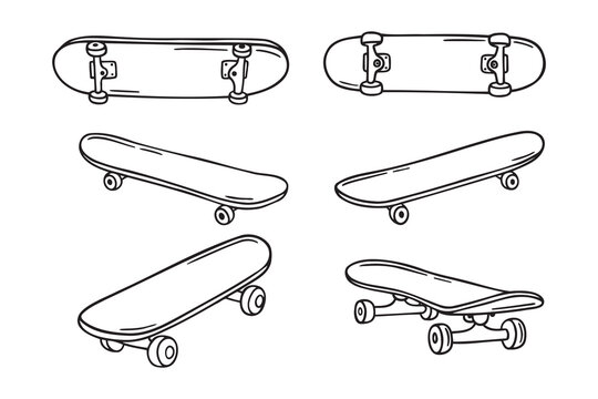 skateboards doodle hand drawn icon set. Outline drawing skateboard line clipart symbol collection of skateboarding 