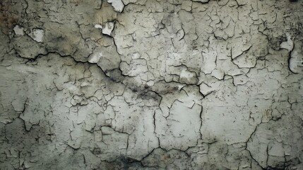 Close-up of an old exterior wall with cracked and peeling paint revealing the effects of weather, age, and neglect. 