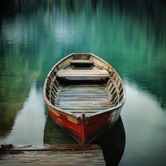 Obraz premium Red Wooden Rowboat on a Calm Teal Lake