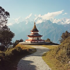 Serene Himalayan Temple Landscape White Pagoda on Hilltop with Snow Capped Mountains