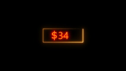 Neon bright USD Dollar growing from $34 orange color illustration. Black background circle orange color frem 4k illustration.
