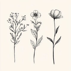 Three Black and White Flower Line Art Illustrations on White Background